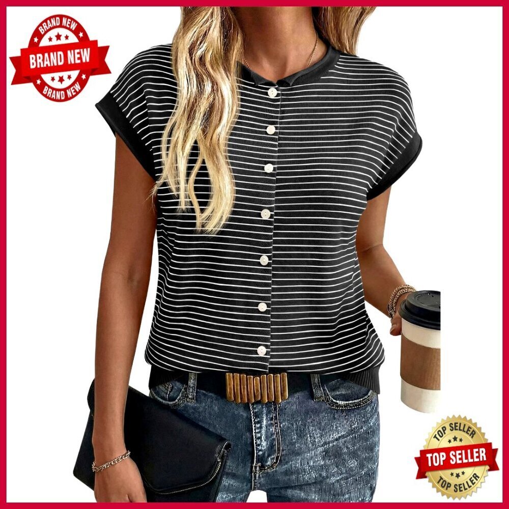 Striped Cap Sleeve Sweater Vest Button Crew Neck Loose Casual Knit Cardigan